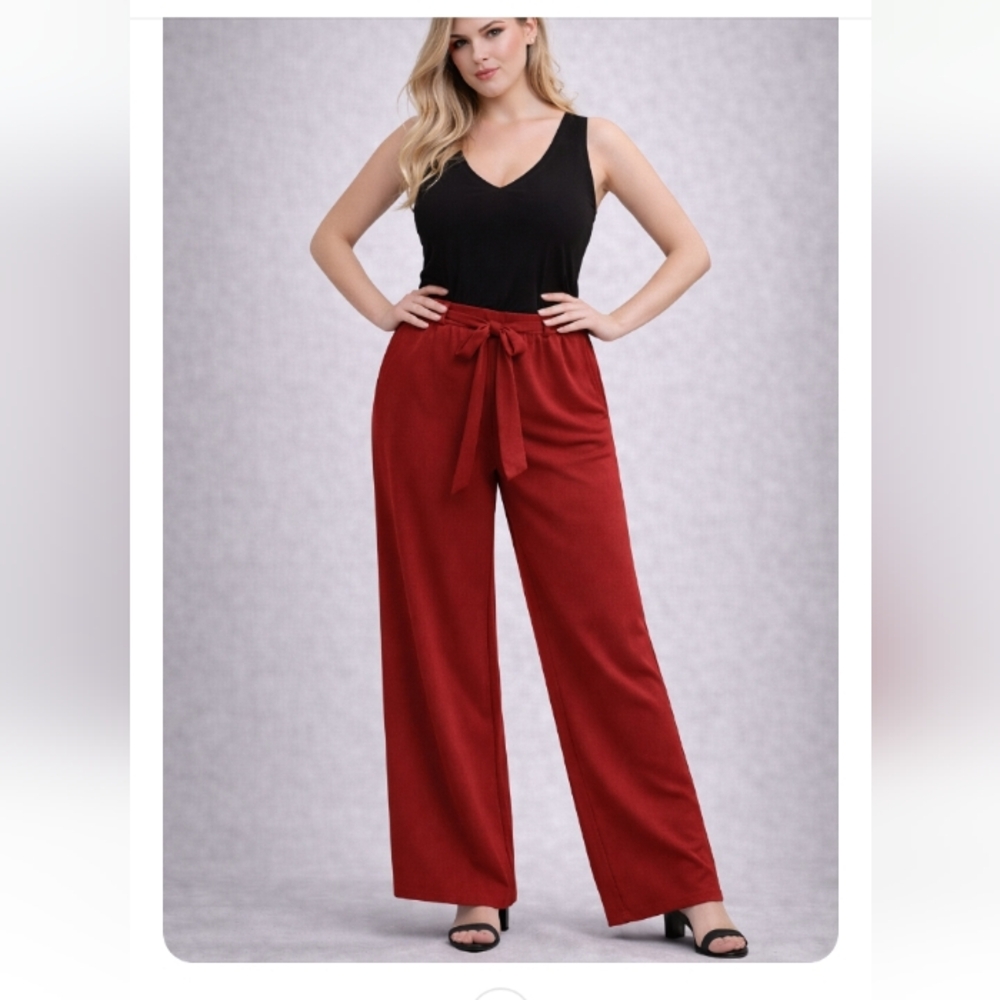 Hot Kiss Red Wide Leg Pants w/ Attached Belt Size L